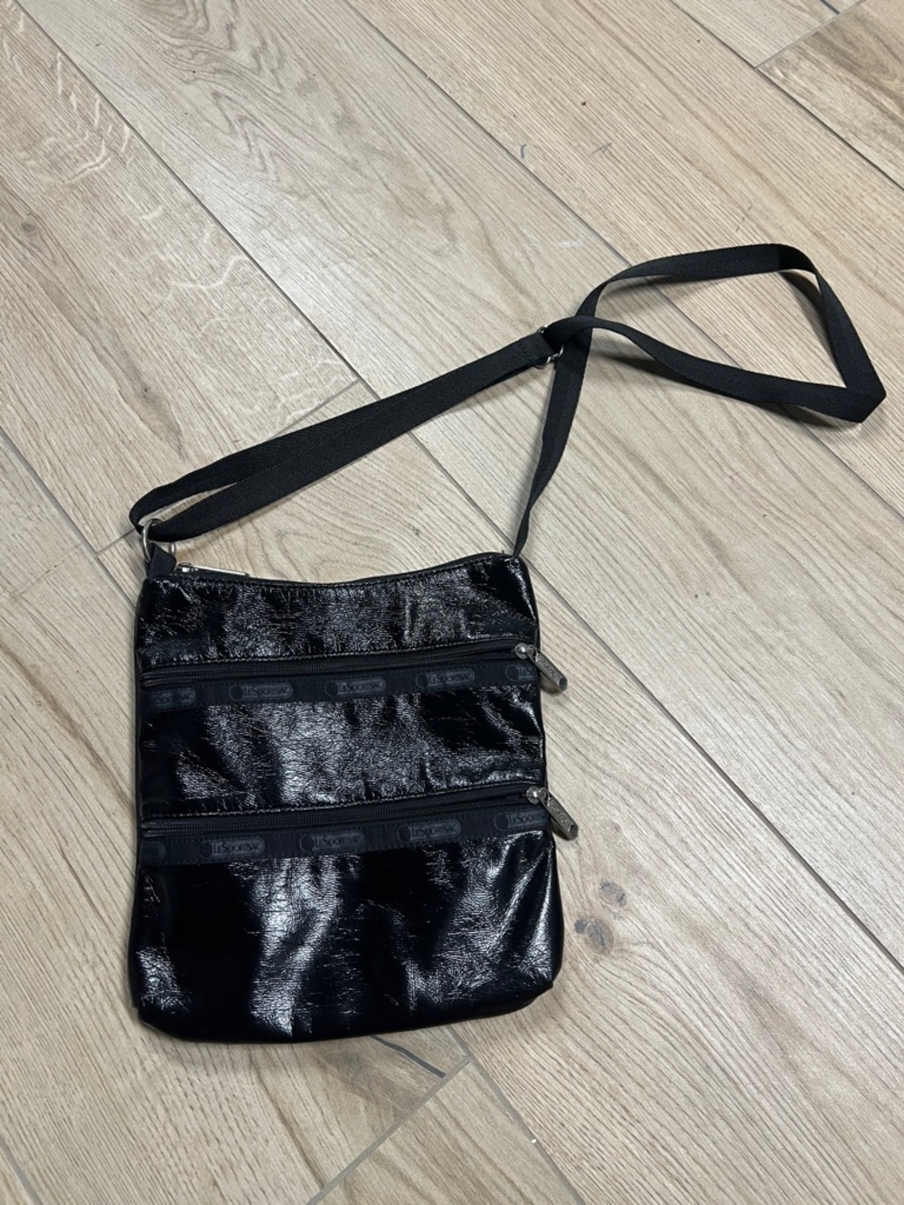 Black Shiny Crossbody Bag with Dual Zip Pockets